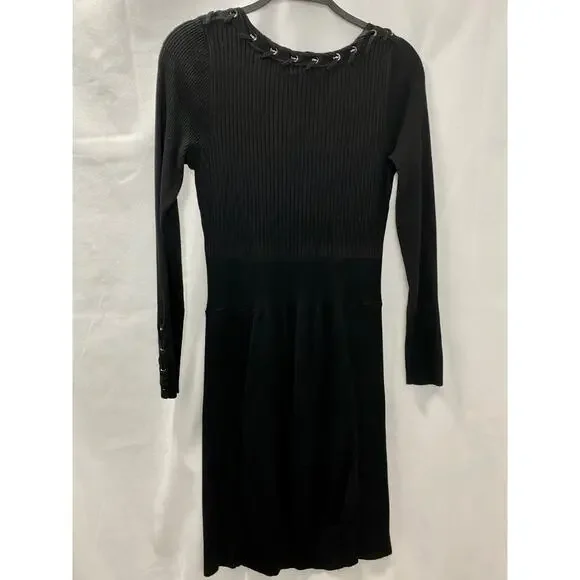 Chache Black Round Neck Long Sleeve Ribbed Knit Bodycon Dress Medium - Picture 6 of 10